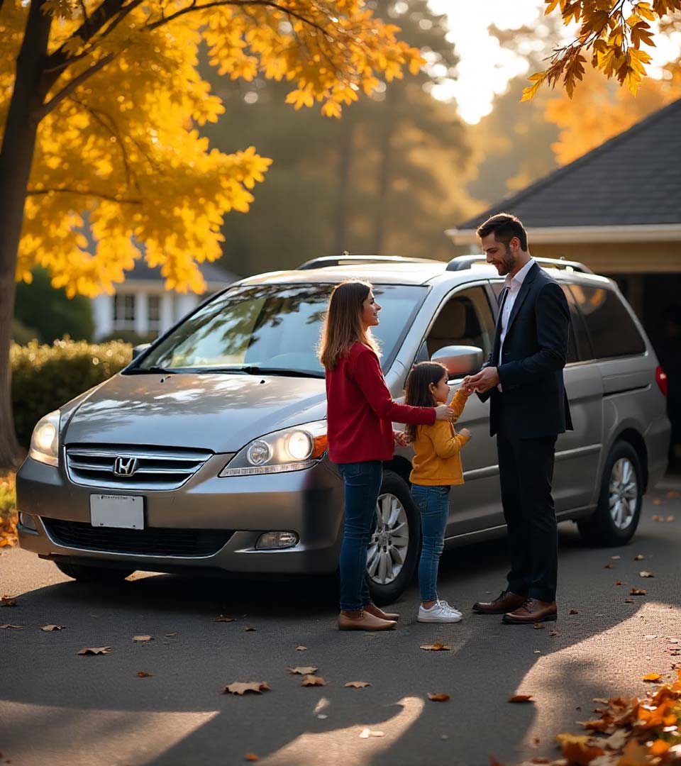 Eine Familie übergibt ein Auto an einen Händler beim Autoankauf Erfurt vor dem Haus